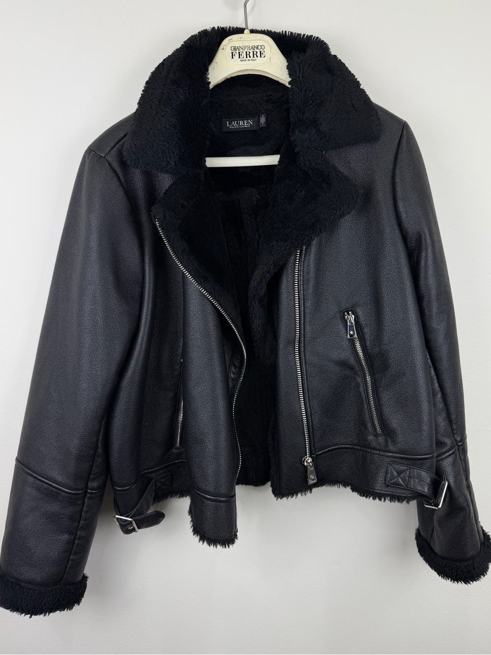 Lauren Ralph Lauren Black Faux Shearling Moto Biker Jacket Size L